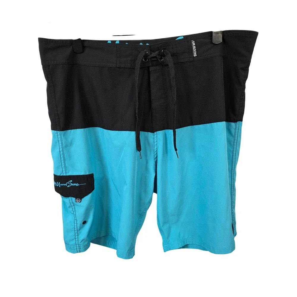 Maui and Sons Mens Board Shorts Black Turquoise Color Block Swim Trunks Size 38